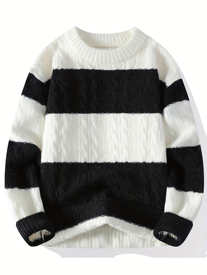 Նոր աշնանային և ձմեռային կլոր վզնոցով նորաձև գծավոր, գունավոր բլոկներով տրիկոտաժե սվիտեր միջին տարիքի տղամարդկանց համար, տաք և հարմարավետ