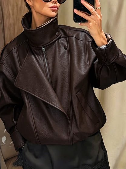 Oversized Vintage Faux Leather Biker Jacket with Buckle Collar
