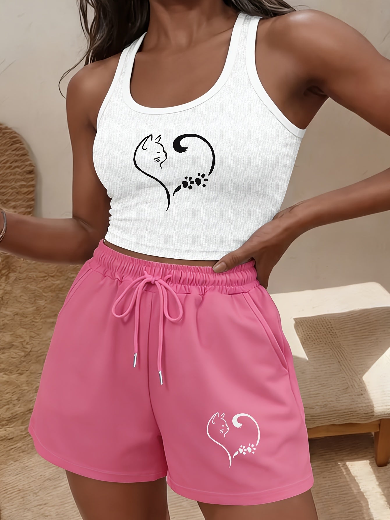 Buttery-Soft Crop Tank & Drawstring Shorts Set for Casual Wear