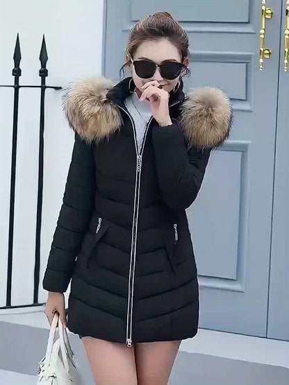 Women'S Elegant Red Mid-Length Winter Coat with Plush Fur Hood, Zip-Up Design, and Contrast Trim - Stylish All-Season Outerwear, Winter Coats And Vests