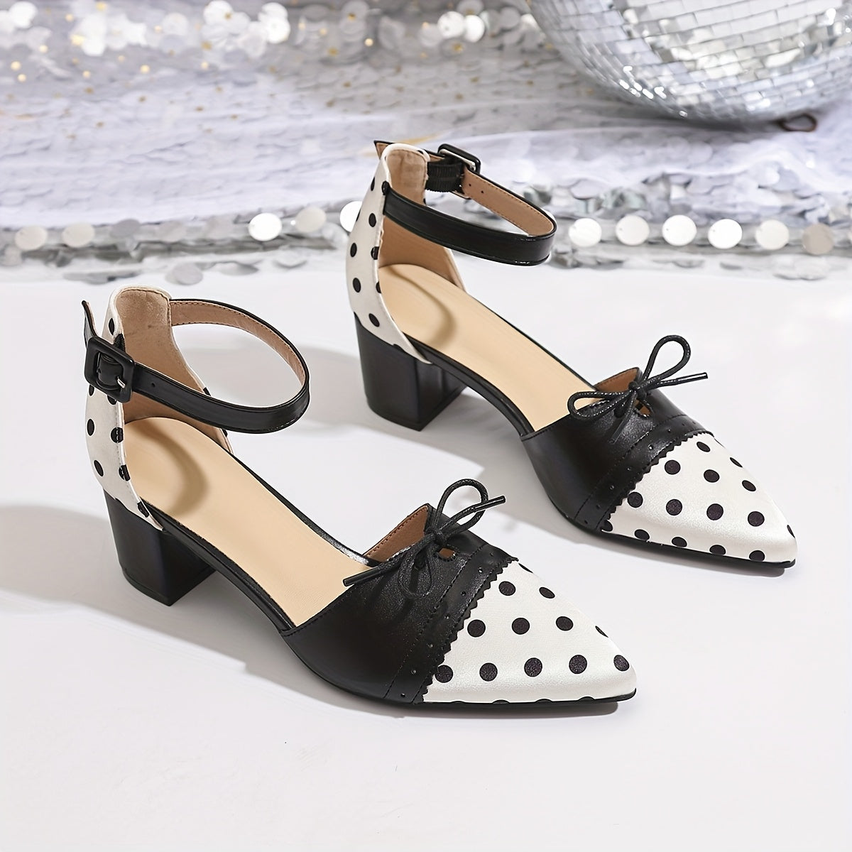Women'S Sexy Polka Dot Mary Jane Pumps with Bow Detail - Pointed Toe, Block Heel, Ankle Strap, Summer Fashion Show Shoes, Hollow Design, Synthetic Cover  Rubber Sole, Summer Fashion Shoes   Polka Dot Pattern   Rubber Sole Fo