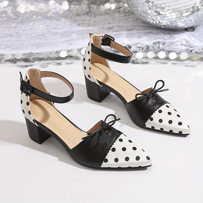 Women'S Sexy Polka Dot Mary Jane Pumps with Bow Detail - Pointed Toe, Block Heel, Ankle Strap, Summer Fashion Show Shoes, Hollow Design, Synthetic Cover  Rubber Sole, Summer Fashion Shoes   Polka Dot Pattern   Rubber Sole Fo