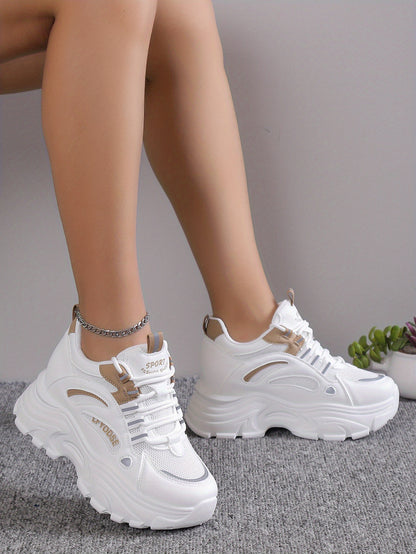 Women's Solid Color Mesh Sneakers, Lace Up Low-top Round Toe Heightening Thick Sole Trainers, Versatile Comfy Shoes