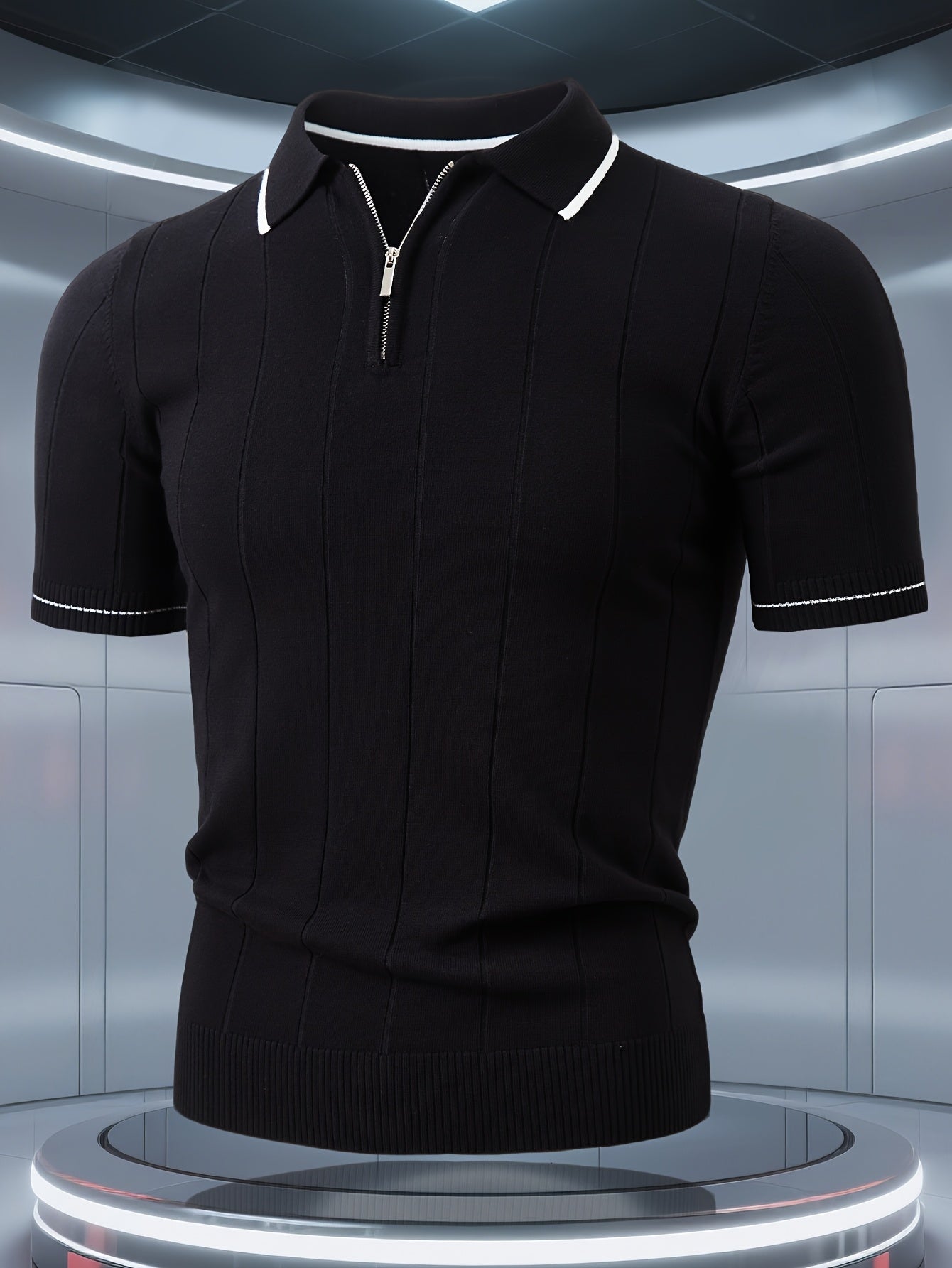 Men's Knitted Polo Shirt with Classic Vertical Stripes - ayq