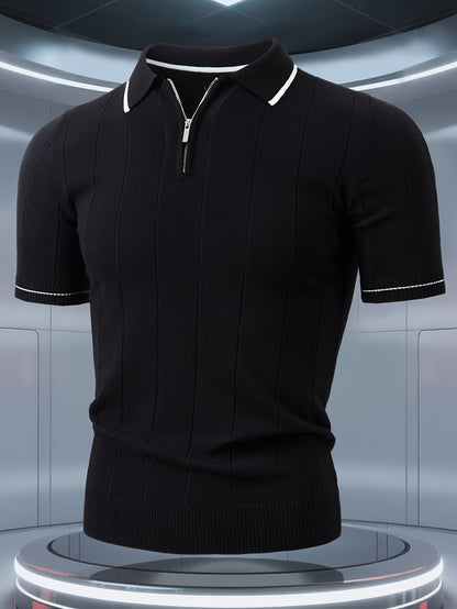 Men's Knitted Polo Shirt with Classic Vertical Stripes - ayq