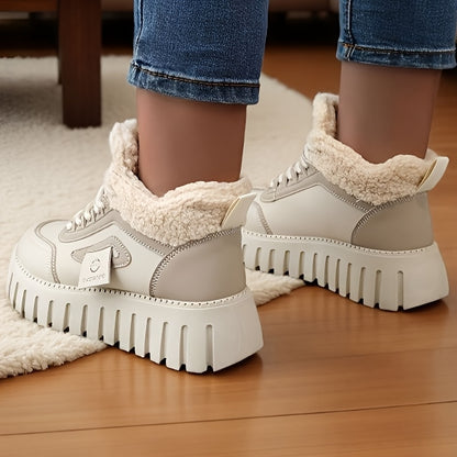 Women'S Winter Warm High-Top Sneakers - Breathable Synthetic, Plush Lined, Durable PVC Sole, Stylish Beige & White Design for Outdoor Casual Wear, Winter Sneakers | Stylish Winter Shoes | Durable PVC Sole, Women Winter Shoes,