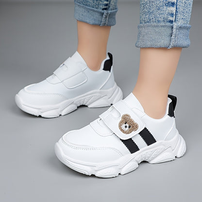 Girls' White Sneakers - Cute Cartoon Bear Design, Casual Low-Top Style with Hook-and-Loop Fastener, Comfortable Microfiber Synthetic Upper, All-Season Wear for Youngsters, Everyday Youngsters's Shoes | Playful Youngsters Snea