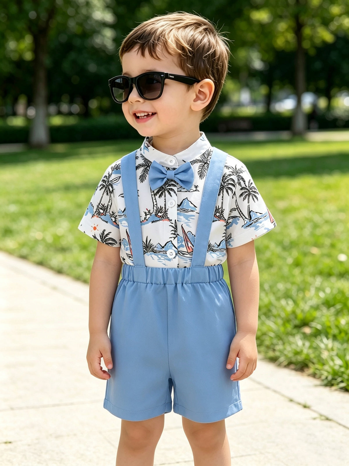 Baby Boy Summer Outfit Set Blue Overalls & Palm Print Shirt - ayq