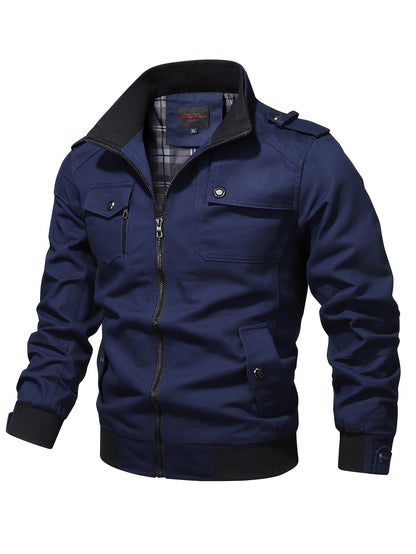 Men's Casual Bomber Jacket, Cotton Stand Collar Windbreaker Jacket With Pockets For Fall Winter