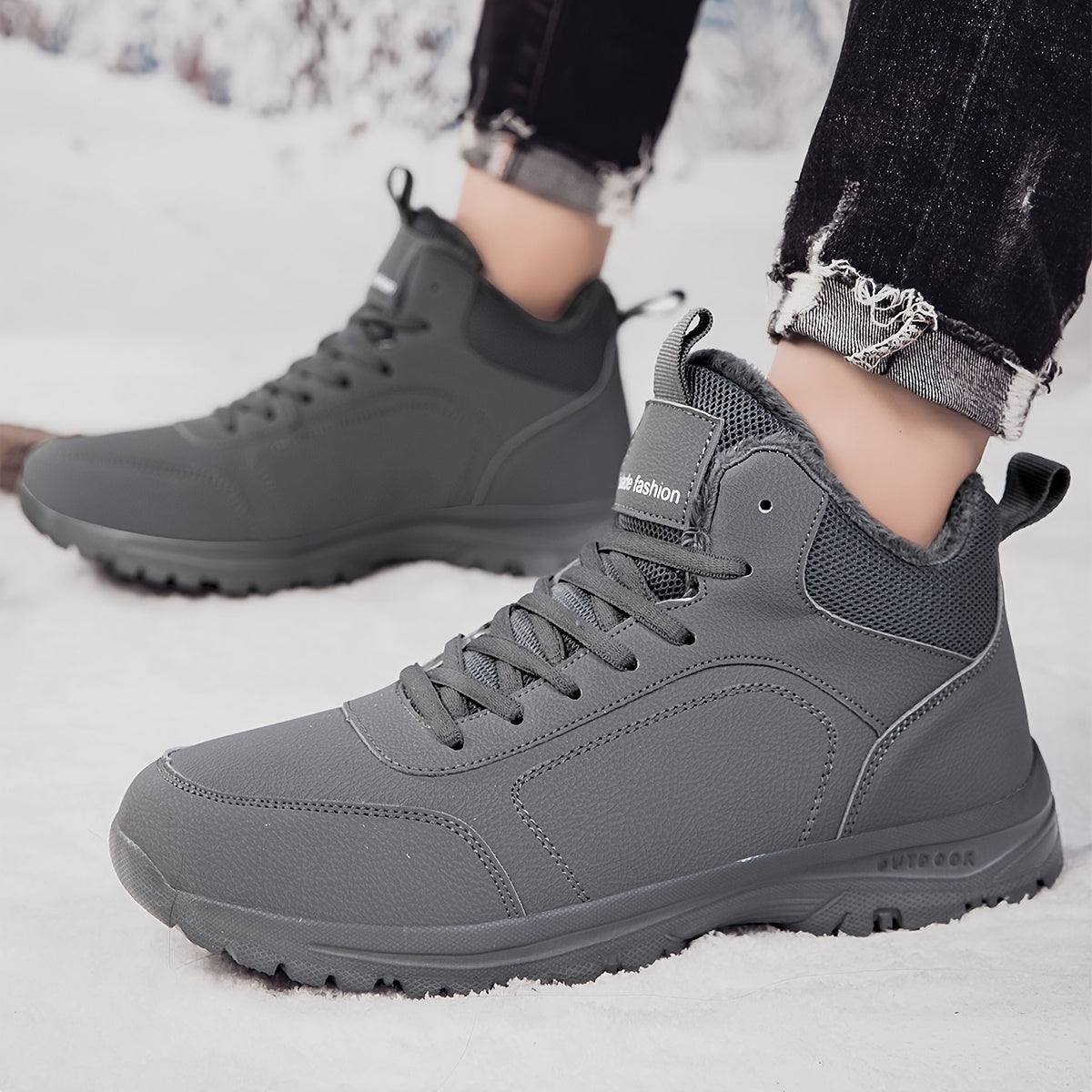 Տղամարդկանց միջին բարձրության ձմեռային ձնագնացքներ - Թեթև, չսահող, տաք փափուկ երեսպատում, դիմացկուն MD ներբան, սև աշխատանքային և փողոցային ոճ արտաքին սպորտի, արշավների և ամենօրյա հանգստի համար, ձմեռային կոշիկներ, արշավային կոշիկներ, նրբագեղ դիզայն, ճկուն