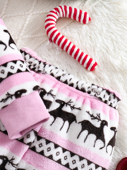 2pcs Girls' Cute Deer Print Fashionable Thick Flannel Set for Autumn/Winter, Soft and Comfortable Warm Outfit, Versatile Casual Attire with Outdoor Activities, Winter Clothing, Autumn Fashion, Stylish Kids' Wear, Playful Desi