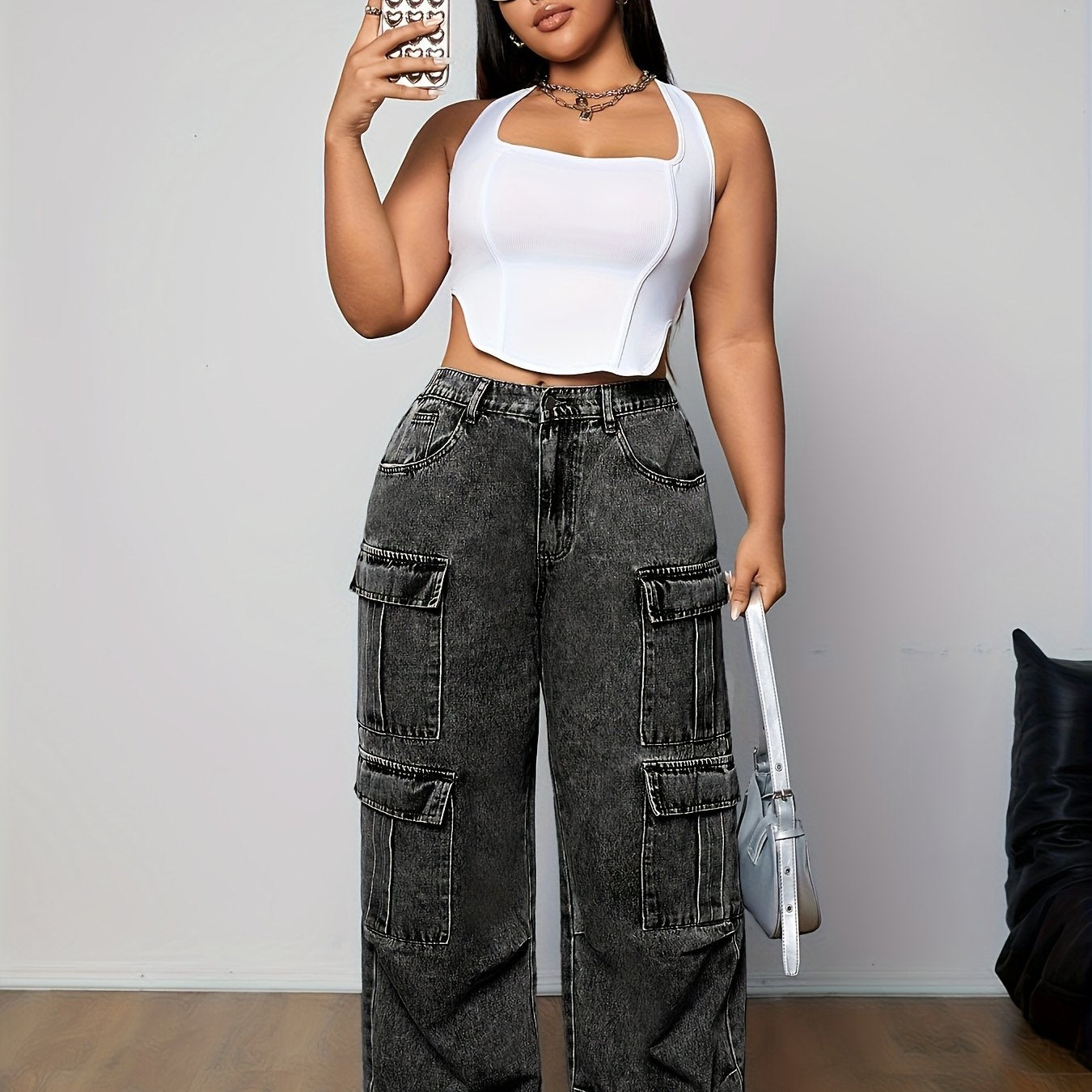 Women's Plus Size Casual Cargo Jeans with Multiple Pockets - High-Rise, Loose Fit Denim in Black, Light Blue & White, Perfect for Casual Attire, Casual Denim Wear | Utility Style Pants | Smooth Texture Jeans