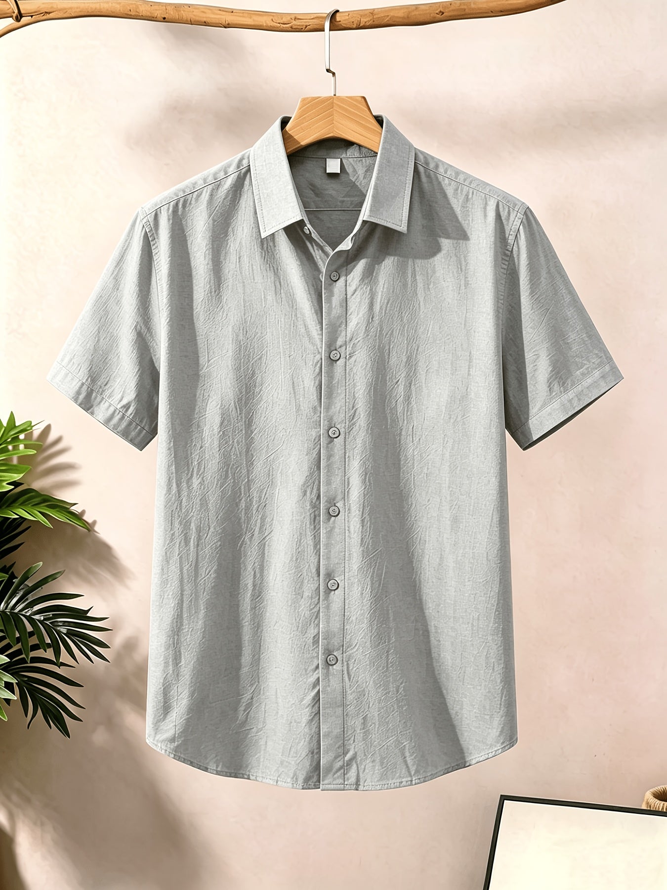 Men's Casual Button-Up Shirt, Cotton-Linen Blend, Short Sleeve