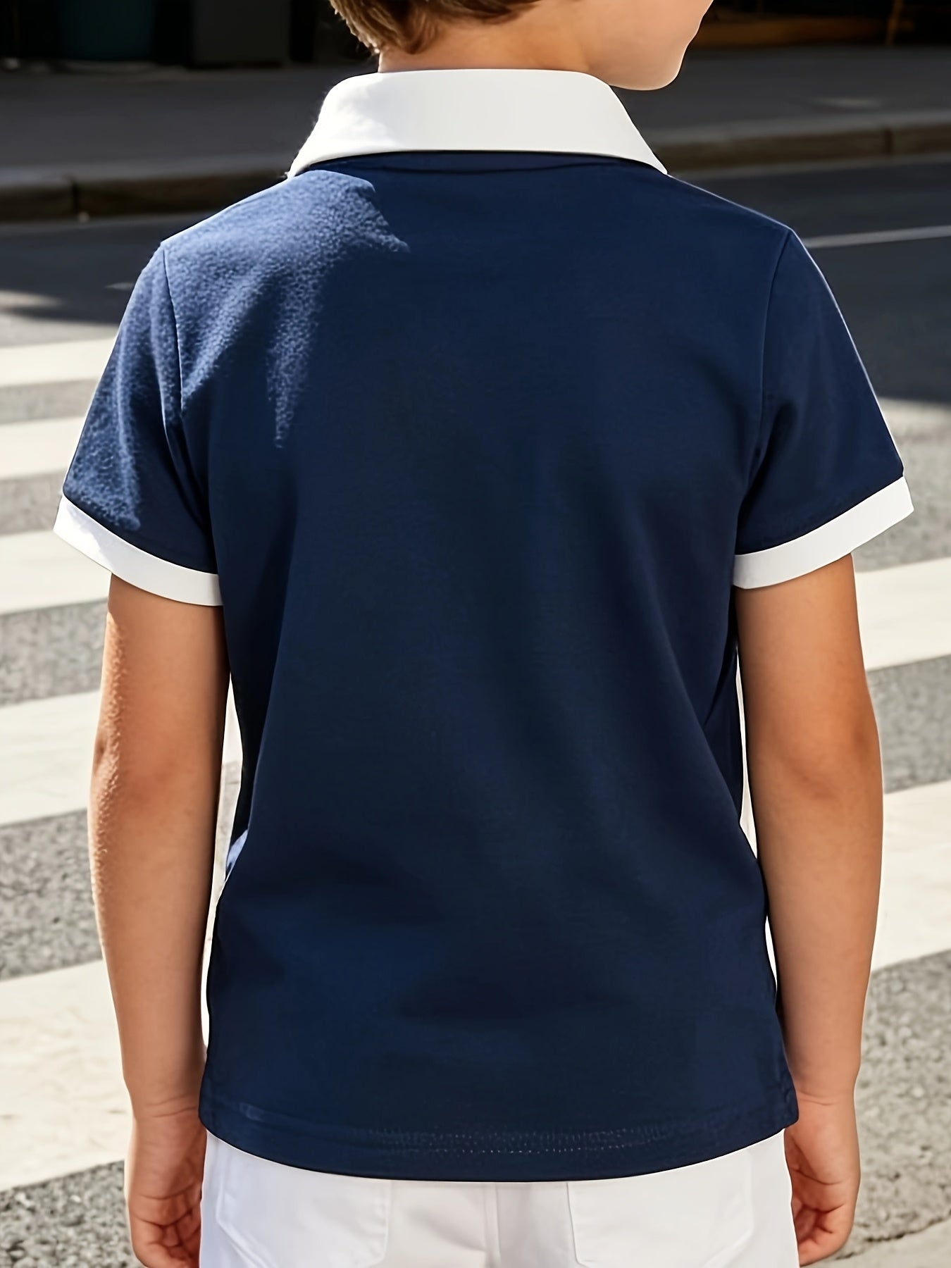 Boys' Navy Blue Cotton Polo Shirt with White Trim - Summer Casual