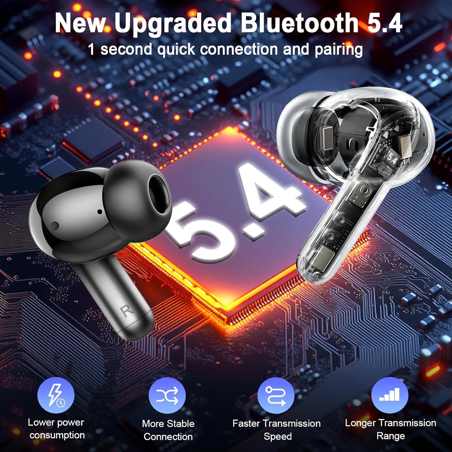 Wireless Earbuds, 2025 Bluetooth 5.4 Headphones Hi-Fi Stereo 3D Bass Ear Buds, 4 ENC Noise Cancelling Mic, 36Hrs USB-C In-Ear Earphones, IP7 Waterproof Workout Sport for Laptop Pad Android Ios, Black