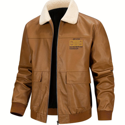 Men'S Faux Leather Bomber Jacket with Fleece Lining - Casual Motorcycle Style, Zip-Up, Long Sleeve, Drop Shoulder, Polyester Lining, Regular Fit, Outdoor & Hiking Wear, Outdoor Jacket | Bomber Jacket | Polyester Lined Jacket