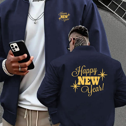 Men's Navy Blue Full-Zip Casual Jacket with Golden Happy New Year Print & Golden Glitter Lettering - Full-Zip Closure, Machine Washable, Regular Fit Winter Coat for Parties, Casual Attire & New Year's Eve Outfits - Stylish Ou