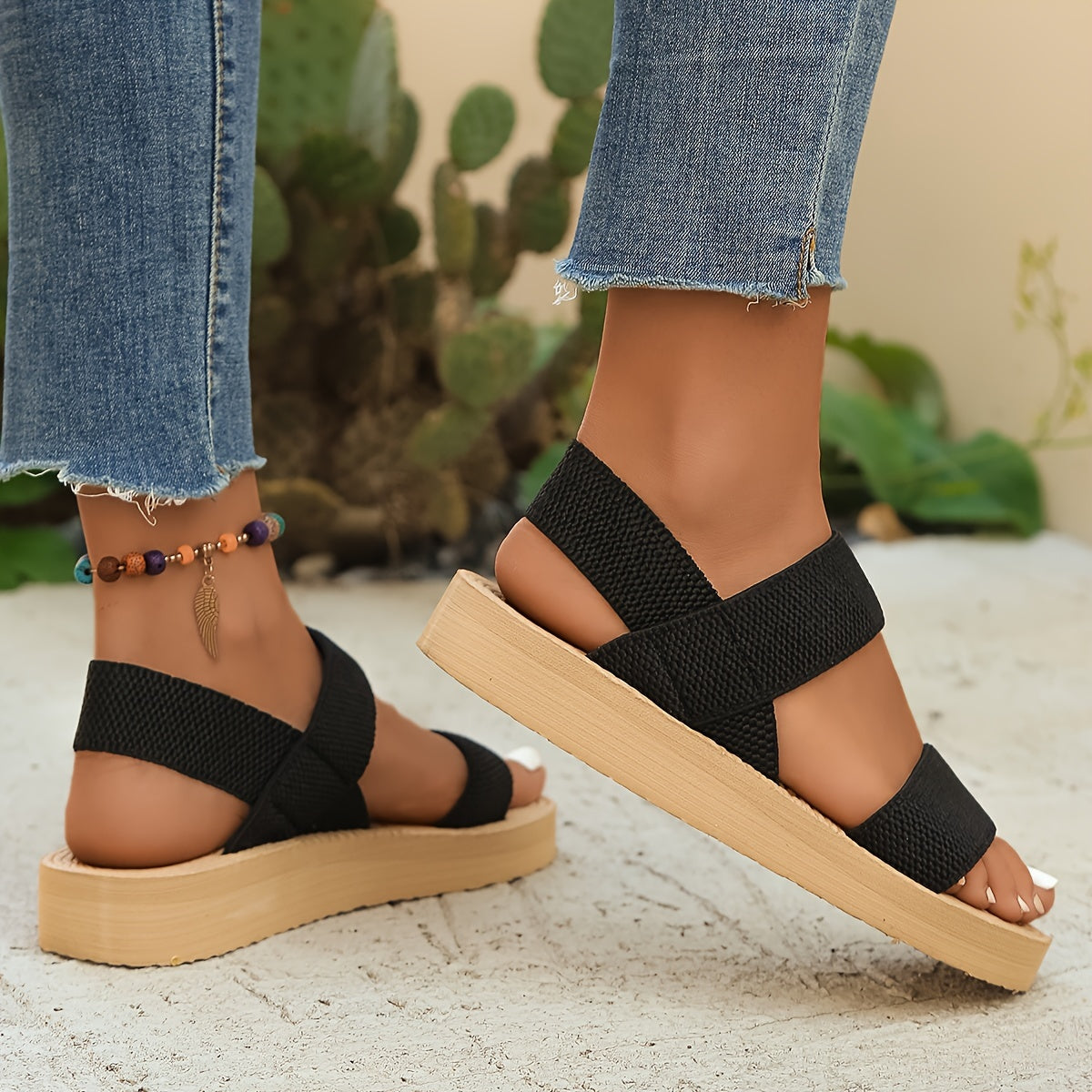 1 Pair Women'S Casual Open Toe Wedge Sandals - Solid Color Fabric Upper with Slip-On Closure, EVA Sole and Insole, Low Heel Platform Shoes for All Seasons
