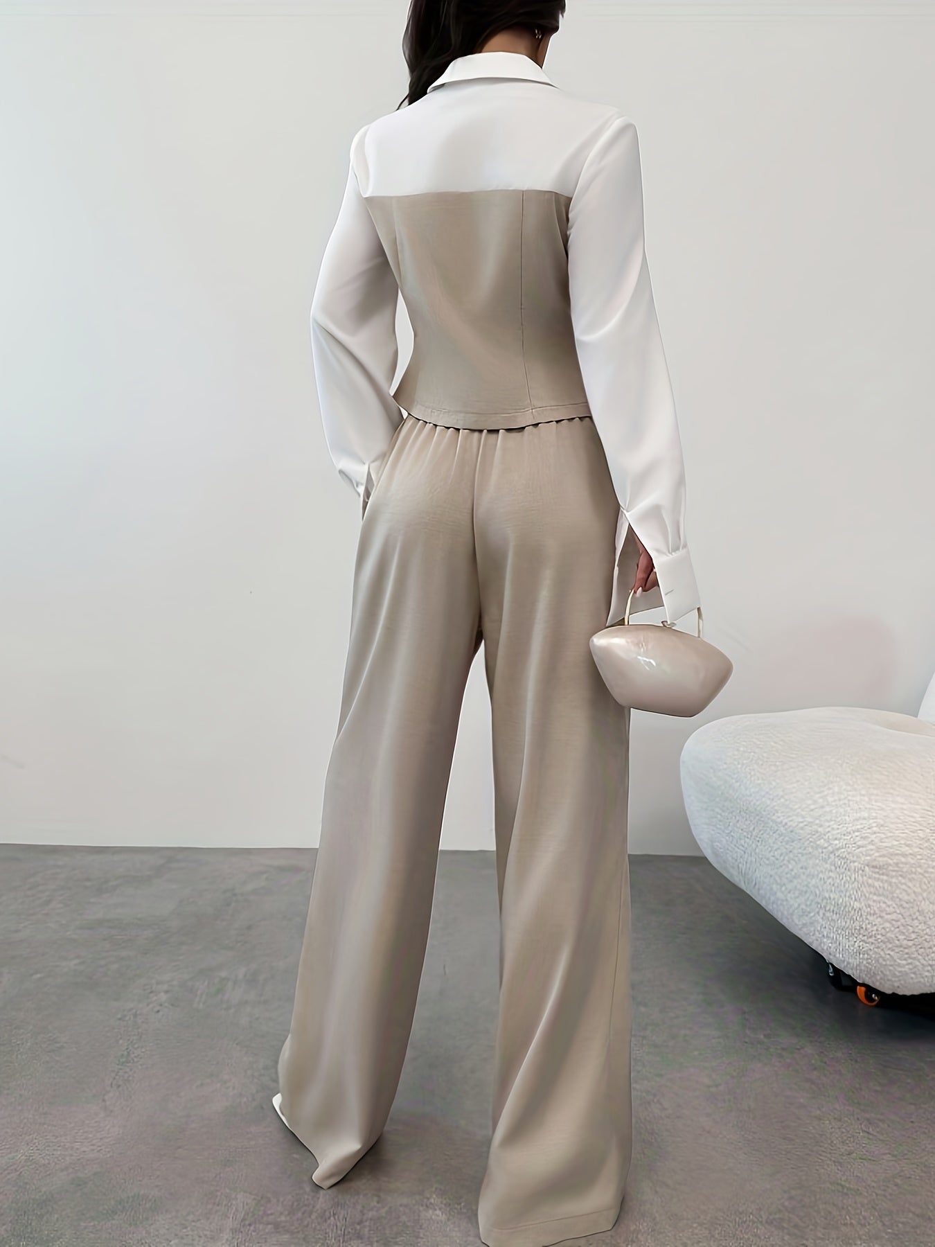 A Casual And Elegant Two-Piece Set, Featuring a Patchwork Shirt And Loose Straight-Leg Pants. Autumn Women'S Wear, Suitable for Commuting, Teaching, Back-To, Old Money Style, And Women'S Casual Office Attire