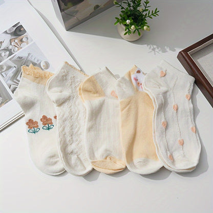 Women's Cute Cartoon Cotton Ankle Socks - 5 Pairs Set, 80% Cotton 20% Elastane, Solid Color & Patterned Designs, Breathable Knit Fabric, Sweat-Absorbent for Spring & Summer
