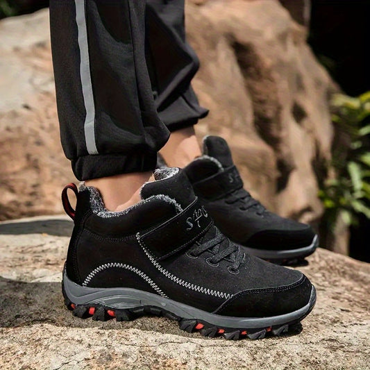 Durable Anti-Slip Men's Winter Snow Boots - Fleece-Lined Hiking Ankle Boots with Hook-and-loop Fastener Closure and Rubber Sole for Outdoor Adventures, Black