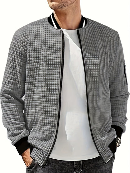 Men's Casual Bomber Jacket with Stand Collar - Polyester and Elastane Blend, Knit Fabric with Slight Stretch, Solid Color, Zipper Detail, Long Sleeve, Regular Fit