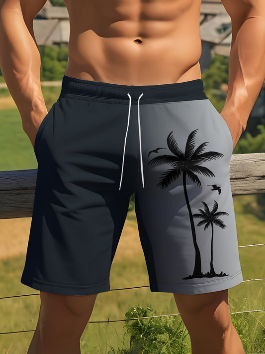 Men'S Summer Beach Shorts - Casual Printed Pants with Elasticity, Polyester Knit Fabric, Regular Fit