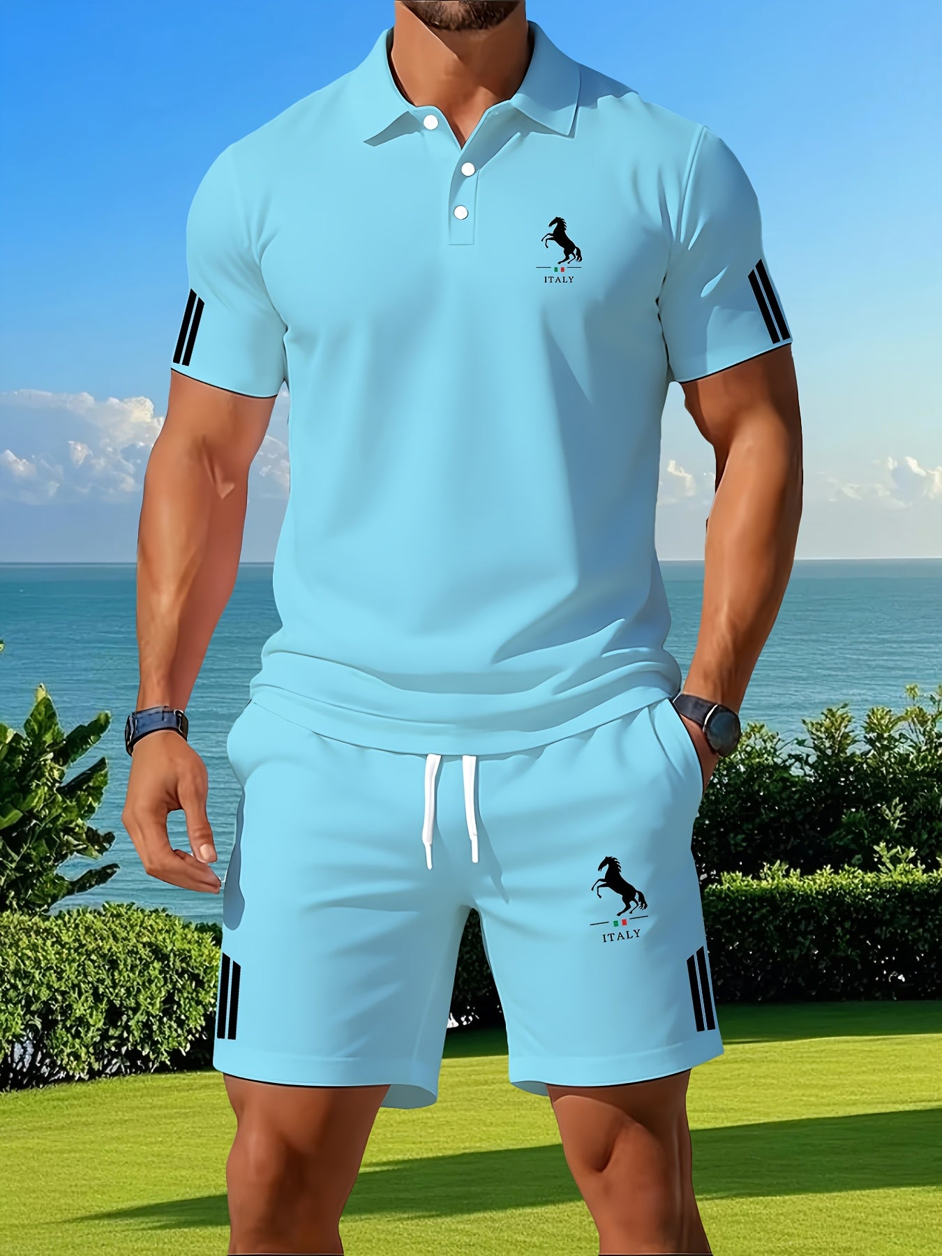 Men's Summer Casual Shirt and Shorts Set with Printed Design