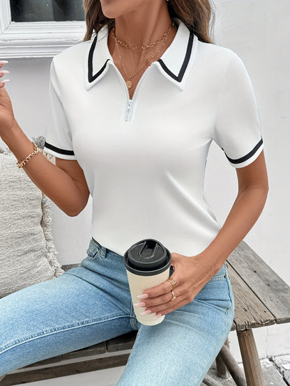 Women's Elegant Black Shirt with White Collar & Cuff Detail - Short Sleeve, Zippered, Stretchy Polyester-Spandex Blend, Machine Washable, Perfect for Casual or Professional Outfits