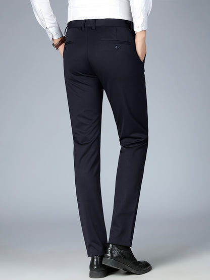 Men's Sleek Business Casual Dress Pants - Solid Black, Straight Leg, Wrinkle-Resistant Polyester Blend, All-Season Formal Trousers with Button Detail