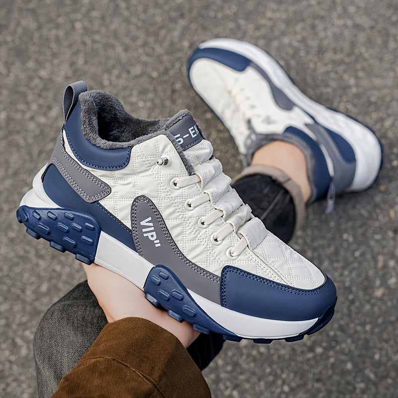 Men'S Stylish Color-Block Plush-Lined Winter Sneakers - Warm, High-Stability Running Shoes with Lace-Up Closure, Geometric & Solid Color Design, Synthetic & Fabric Upper, PVC Sole for Casual & Outdoor Activities, Winter Sneak