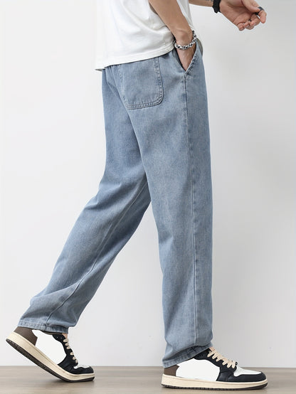 Men's Solid Washed Denim Trousers With Pockets, Causal Drawstring Cotton Blend Barrel Jeans For Outdoor Activities