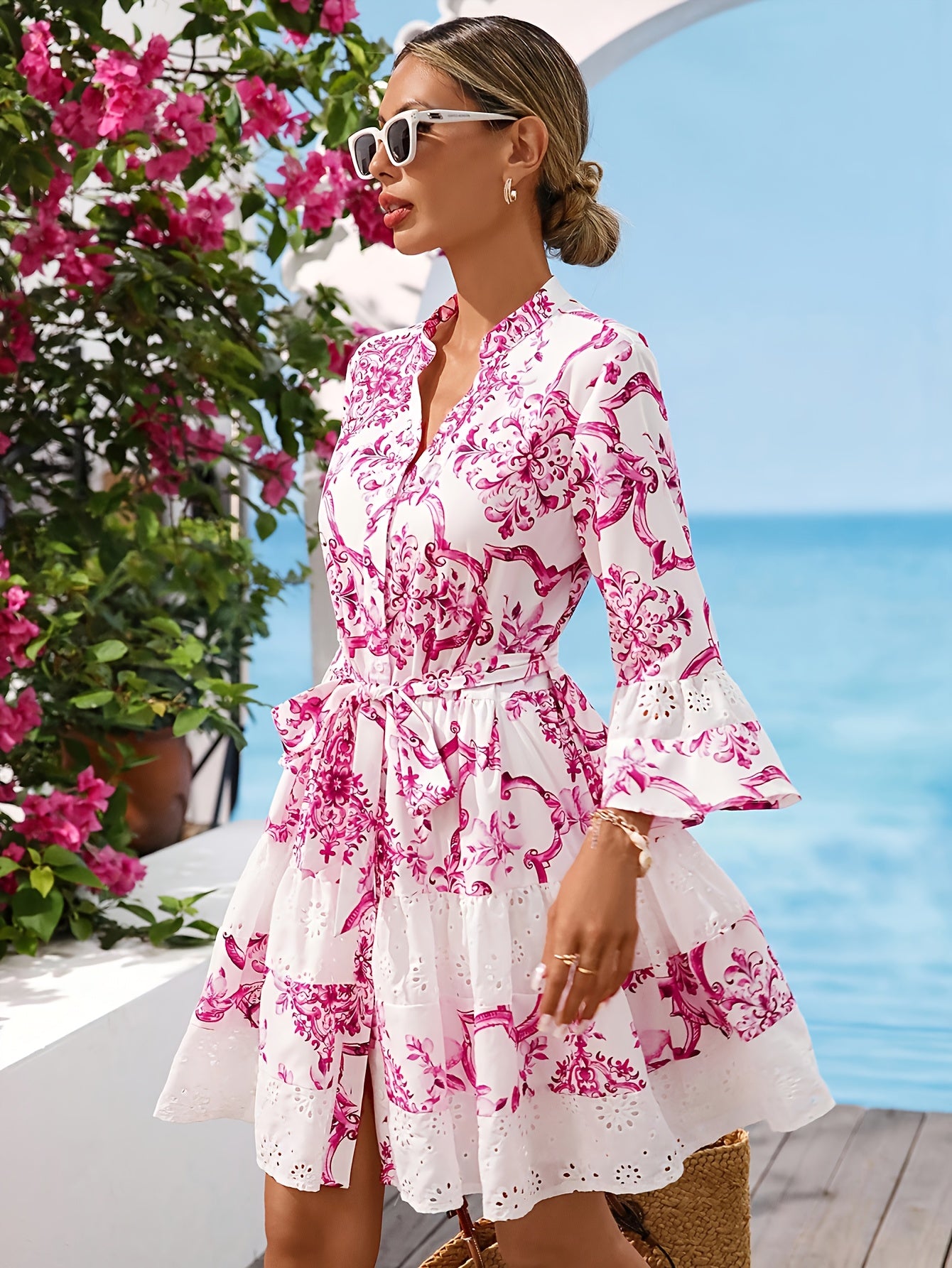 Women’s Floral Tie-Waist Mini Dress with Flared Sleeves