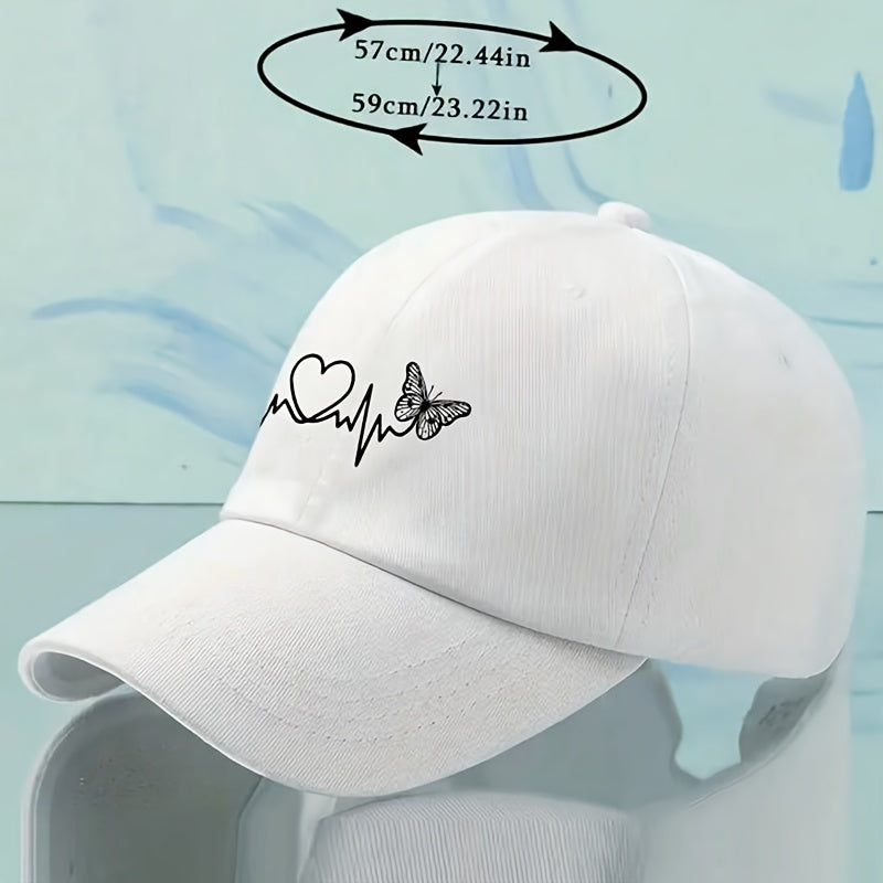 White Butterfly Heartbeat Baseball Cap, Simple Unisex Sports Hat, Sun Protection Outdoor Adjustable Cap