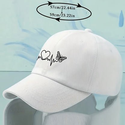 White Butterfly Heartbeat Baseball Cap, Simple Unisex Sports Hat, Sun Protection Outdoor Adjustable Cap
