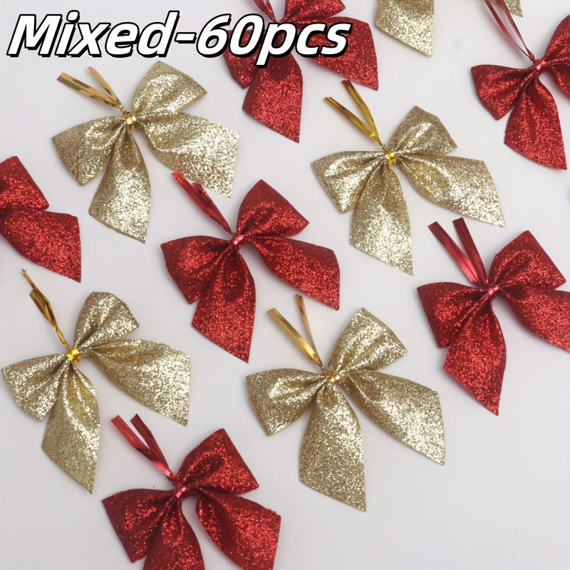 60pcs Elegant Red & Golden Glitter Mini Bows with Golden Ribbon - Durable Polyester Christmas Tree Decorations, Wreaths, Gift Wrapping, Crafts - Shiny Glossy Bows with Sharp Tip for DIY, Party Decorations, Holiday Ornaments (