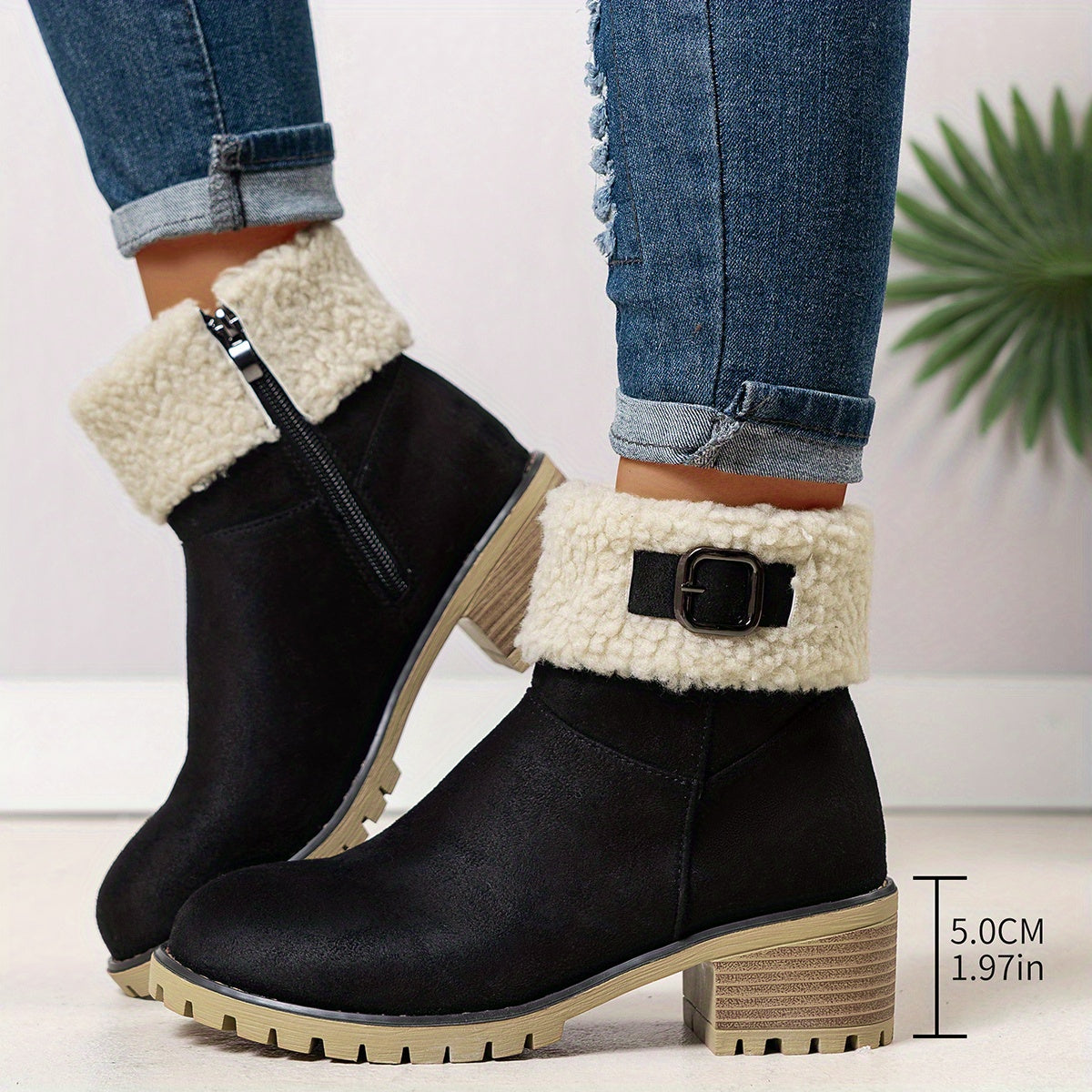 Chunky And Clssic Women'S Ankle Boots, Comfortable And Elegent Woemen Shoes. Warmth Khaki、Black And Beige Winter Women' Boots. Solid-Colored. Fleece-Lined Boots, Heighten And Non-Slip Lighhtweight Shoes with Cute Round Toe.