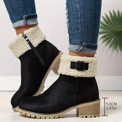 Chunky And Clssic Women'S Ankle Boots, Comfortable And Elegent Woemen Shoes. Warmth Khaki、Black And Beige Winter Women' Boots. Solid-Colored. Fleece-Lined Boots, Heighten And Non-Slip Lighhtweight Shoes with Cute Round Toe.