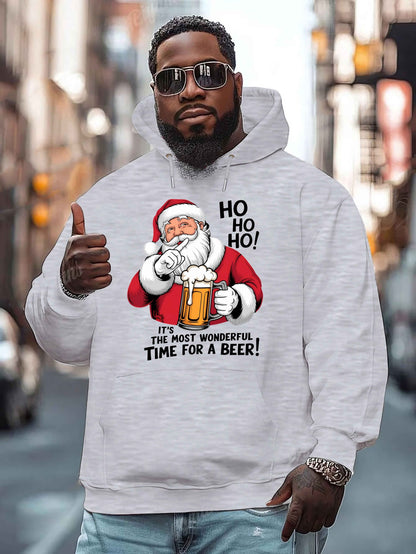 Men'S Red Hoodie with Santa Claus & Beer Mug Graphic - "Ho Ho Ho! It'S the Most Wonderful Time for a Beer!" - Cozy Plush Pullover for Fall & Winter, Casual Holiday Wear, Christmas Clothes, Plus Size