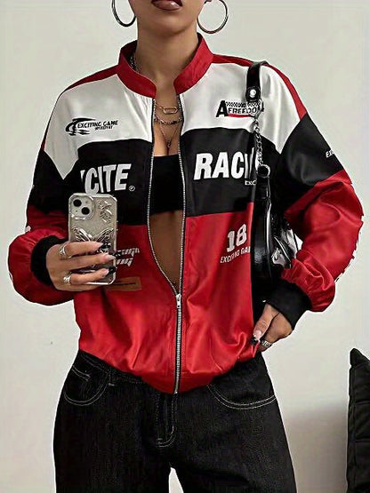 Women'S Elegant Streetwear Jacket - & Color Block Coat with Stand Collar, Loose Fit Long Sleeve Outerwear for Everyday & Formal Outfits - Spring/Fall, Spring Outerwear, Spring Fashion, Stylish Coat, Trendy Coat, Fashion Lover