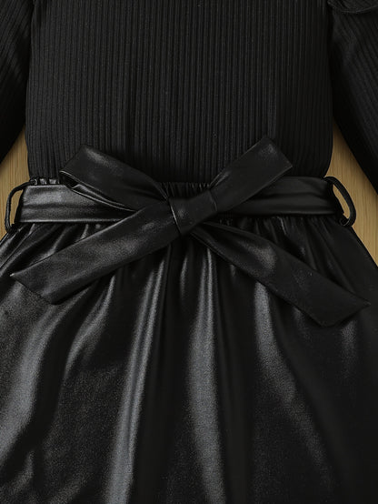 Girls' Black Ribbed Long Sleeve Top & Bow Accent Skirt Set