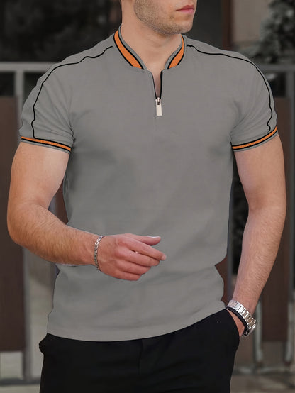 [T-Shirt] Men's Summer Casual Short Sleeve T-Shirt - Breathable Mesh Crew Neck Henley Style Zip Placket, Breathable Fabric, Dry Cleanable Regular Fit Outdoor & Casual Attire, Loose Style, Zip Front Design, Easy Care, Zip Shir - ayq