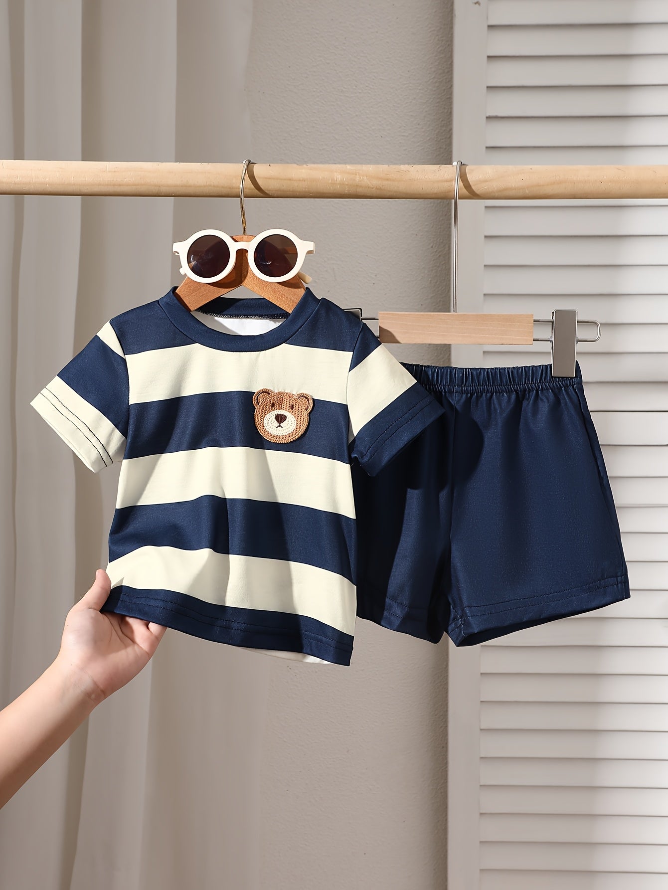 Baby Boys' Navy Blue Striped Summer Set with Bear Knit