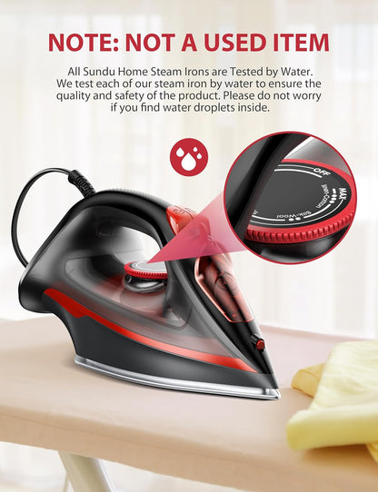 Sundu Steam Iron for Clothes with Rapid Heating Ceramic Coated Soleplate,1500W with Precise Thermostat Dial,Self-Cleaning, Auto-Off,11.84Oz Water Tank for Home Clothes Ironing Use,Red