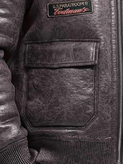 Men'S Faux Fur Lined Biker Jacket, Casual Long Sleeve Applique Air Force Style, Polyester 100% Knit Fabric, Solid Color Lapel Collar, Zipper Closure, Regular Fit for Daily & Golf Occasions - Fall/Winter Collection