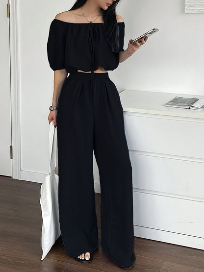 Women's Summer Solid Color Off-Shoulder Puff Sleeve Crop Top and Loose Wide-Leg Pants Two-Piece Set - ayq