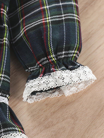 Girls' Plaid Tartan Puffed Sleeve High-Low Neck Ruffled Hem Dress with Ruffled Collar & Lace Trim - Plaid Princess Party Dress with Skirt, Machine Washable Winter Formal & Everyday Outfit for Christmas, New Year's, Easter - S