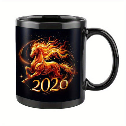 1pc 11oz Chinese New Year of the Horse 2026 Ceramic Mug - Glossy Black & Fire Horse Design Coffee Cup with Auspicious Red/ Horses, Hand Wash Only, Reusable Gift for Home, Office, Travel, Lunar New Year Celebrations