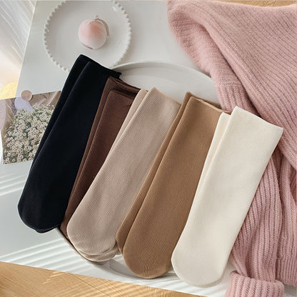 5 Pairs Women'S Knee-Length Thermal Fleece-Lined Socks, Solid Color, Polyester Knit Fabric, 100% Polyester, with Hand Washable