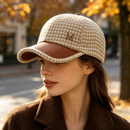 Women's Korean-Style Checkered M Logo Fedora Hat for Fall/Winter